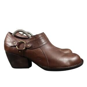 Born Shoes Womens 9.5 Booties Low Ankle Leather Block Heel Fashion Brown Harness